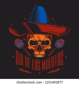 Skull in sombrero. Mexican vintage style. Original vector illustration. T-shirt or sticker design.