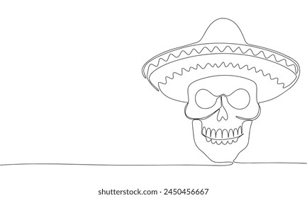 Skull in Sombrero one line continuous. Line art Skull in Sombrero. Hand drawn vector art.