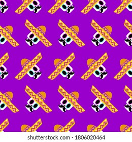Skull in sombrero pattern seamless. day of dead in mexico background. Dia de los Muertos Mexican holiday texture