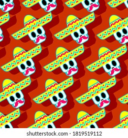 Skull in sombrero pattern seamless. day of dead in mexico background. Dia de los Muertos Mexican holiday texture