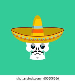 Skull in sombrero sad Emoji. Mexican skeleton for traditional feast day of the dead.