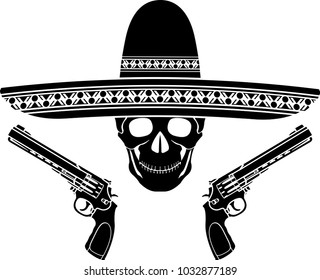 skull with sombrero and two pistols. vector illustration