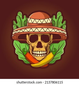 Skull sombrero with vegetables hand drawn illustration