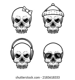 Skull with some accesories vector drwan in engraving style