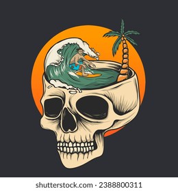 A skull with someone surfing on it in the summer