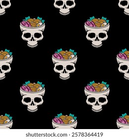 Skull soup ramen seamless pattern black background