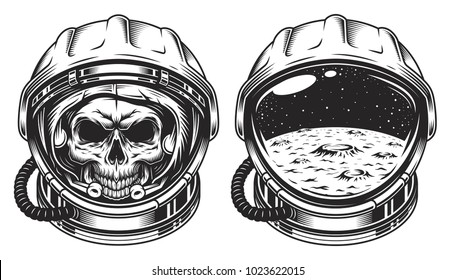 Skull in space helmet with star. Poster, emblem concept