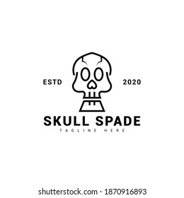 Skull + spade logo concept, simple and minimalist logo, isolated white background.