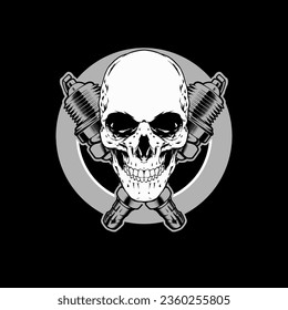 Skull with a spark plugs. Vector illustration on black background