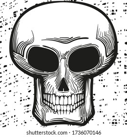 Skull with speckled background. Avatar for social networks. Black and white drawing.