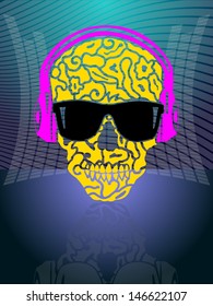skull in spectacles and earphones