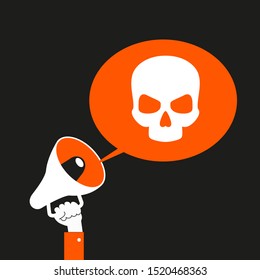 Skull with speech bubble, megaphone .Flat design illustration.