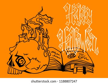 Skull, spell book and glowing candles hand drawn Halloween celebration greeting card. Holiday lettering vector illustration.
