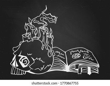 Skull, Spell Book And Glowing Candles. Hand Drawn Halloween Celebration Design Element Symbol. Vector Illustration In White Over Black Chalkboard.