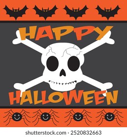 Skull, spider and bat for halloween greeting card
