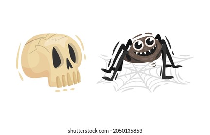 Skull and Spider as Halloween Symbol Vector Set