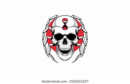 Skull with spider legs and hourglass symbol on forehead.