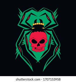 Araña de cráneo sobre fondo negro, ilustración vectorial