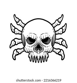Skull with spider style drawn in engraving style