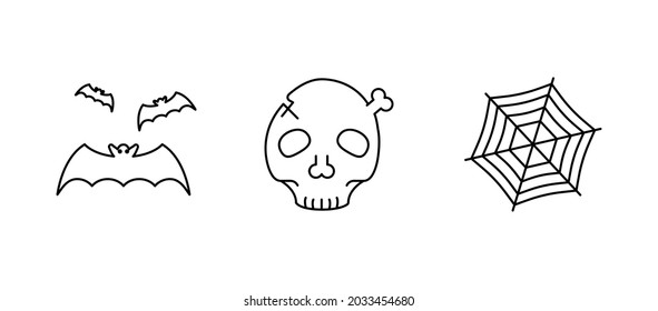 Skull, spider web and bat icons. Set for Halloween concept. It is a set of linear icons.