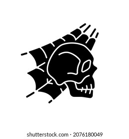 Skull with spider web black glyph icon. Horror story. Halloween decoration. Solving puzzle, clues for riddle. Part of quest. Escape room. Silhouette symbol on white space. Vector isolated illustration