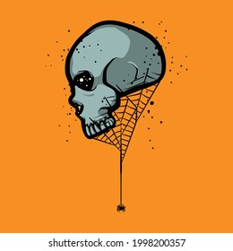 Skull with spider web concept. Human head skeleton with arachnid vector illustration. Drawing isolated on orange background