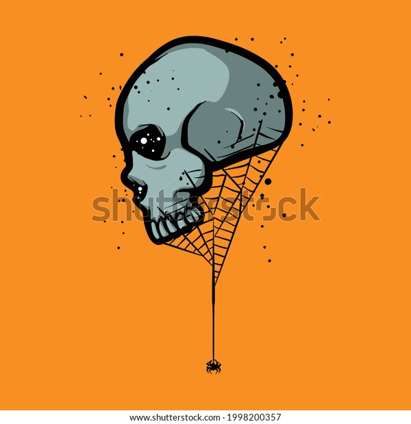 Skull\
with spider web concept. Human head skeleton with arachnid vector\
illustration. Drawing isolated on orange\
background