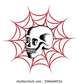 Skull and spider web dotwork tattoo design. Beautiful vector old school tattoo. Traditional skull and web tattoo design vector. 