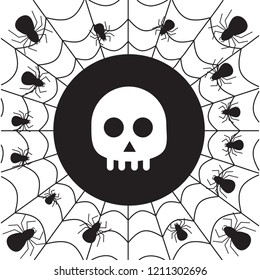 Skull, spider and the spider web on white background.  Vector illustration.