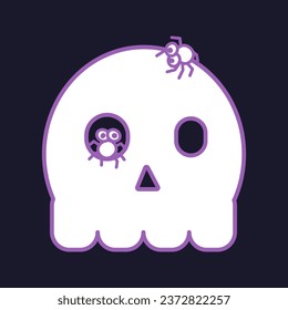 Skull and spiders in naive style. Haloween illustration in purple tones. Icon. Clipart. Isolated element.	 