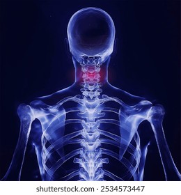 Skull and spine injury x-ray film on a dark blue background, back view