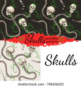 Skull and spine. Interlacing. Lianas.Seamless pattern.