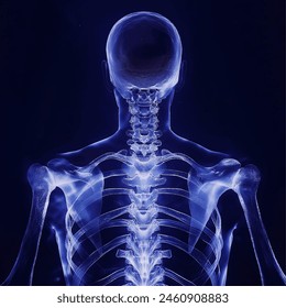 Skull and spine x-ray film on a dark blue background, back view