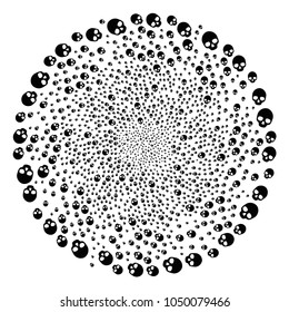 Skull spiral globula. Object twirl organized from scatter skull symbols. Vector illustration style is flat iconic symbols.