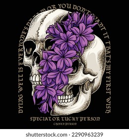 a skull split into two halves, and in the center of the halves is a beautiful bright purple flower. the human skull contains all the bones of the head.