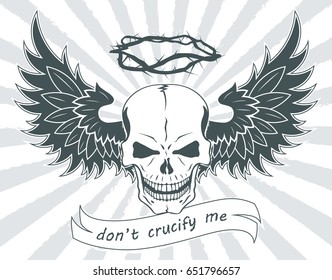 Skull with spread wings and crown of thorns in tattoos style, vector illustration