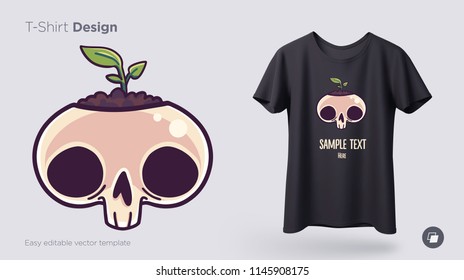 Skull with sprout t-shirt design. Print for clothes, posters or souvenirs. Vector illustration