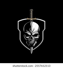 Skull with Stabbing Knife in Shield vector logo template collection