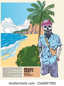 A skull standing in front of a palm tree and a bush, wearing summer attire and a cap. inviting everyone on beach party, a beach with mountain and sea, clouds and blue sky.  