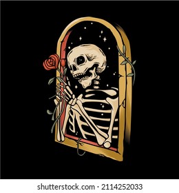 skull standing at the window holding roses