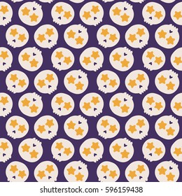 Skull with star eyes. Seamless pattern with flat design of skulls on the dark background. Vector illustration