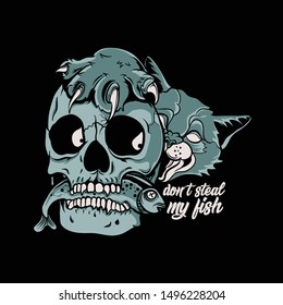 Skull Steals Fish From Cats / Don't Steal My Fish / Angry Spooky Cat Vector Illustration