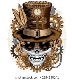 Skull Steampunk Voodoo Retro Máquina Surrealista Gótica Creepy con Clocks, Gears, Bollos Vector Ilustración aislada en blanco

