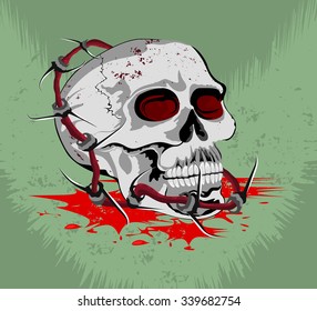 Skull with steel barbed wire vector design background