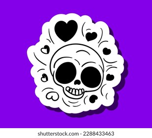 Skull sticker black and white. Dia de los muertos and day of dead. Traditional Mexican holiday and festival. Poster or banner for website. Cartoon flat vector illustration