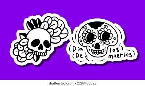 Skull sticker black and white. Dia los de muertos, day of dead. Skeleton with flowers. Graphic element for social networks and messengers. Cartoon flat vector illustration