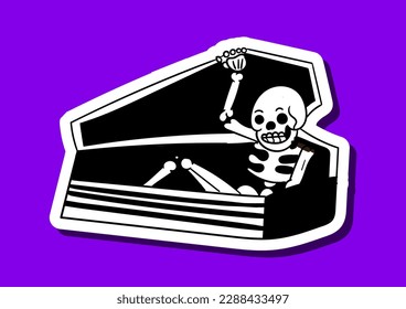 Skull sticker black and white. Skeleton opens lid of coffin. feast of dead, mexican traditions and culture. Dia los de muertos and Hallooween. Cartoon flat vector illustration
