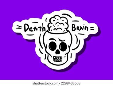 Skull sticker black and white. Skeleton head with inscription death brain. Poster or banner for website. Symbol of traditional mexican holiday and festival. Cartoon flat vector illustration