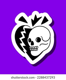 Skull sticker black and white. Skeleton head next to heart. Reaction for instant messengers and social networks. Traditional mexican festival. Cartoon flat vector illustration