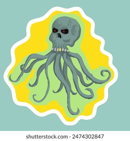 Skull sticker with tentacles and glowing red eyes. Vector illustration of a skull crawling somewhere with the help of gray appendages of tentacles